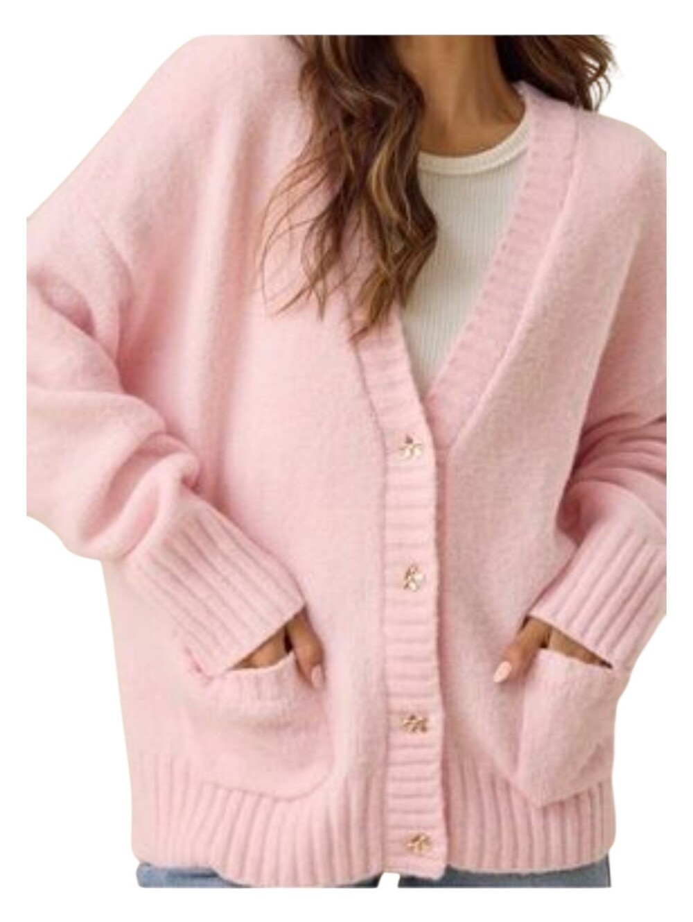 Altar'd State Womens Light Pink Cozy Oversized Gold Bow Button Cardigan Medium